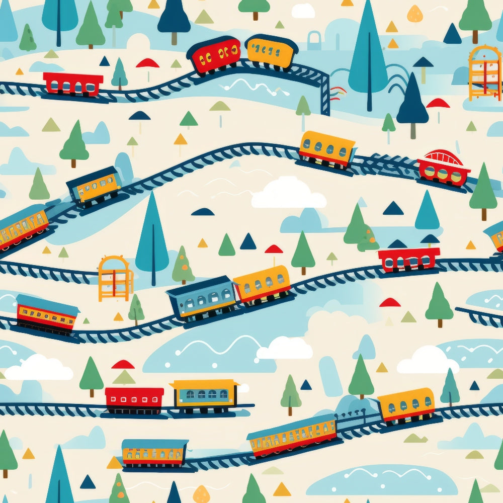 cartoon trains, quilting cotton, fabric panel, red trains, yellow trains, blue trains, orange trains, railway tracks, curved rails, evergreen trees, winter landscape, snowy hills, whimsical illustration, children's fabric, transportation theme, playful design, soft pastels, train cars, pine trees, rolling hills