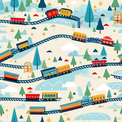cartoon trains, quilting cotton, fabric panel, red trains, yellow trains, blue trains, orange trains, railway tracks, curved rails, evergreen trees, winter landscape, snowy hills, whimsical illustration, children's fabric, transportation theme, playful design, soft pastels, train cars, pine trees, rolling hills