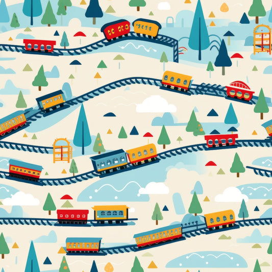 cartoon trains, quilting cotton, fabric panel, red trains, yellow trains, blue trains, orange trains, railway tracks, curved rails, evergreen trees, winter landscape, snowy hills, whimsical illustration, children's fabric, transportation theme, playful design, soft pastels, train cars, pine trees, rolling hills