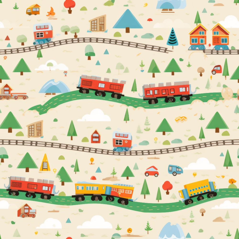 cartoon trains, quilting cotton, fabric panel, red trains, blue trains, yellow trains, orange trains, green trees, railway tracks, curved tracks, colorful houses, mountains, camping trailer, whimsical illustration, children's fabric, transportation theme, playful design, beige background, forest scenery, toy trains
