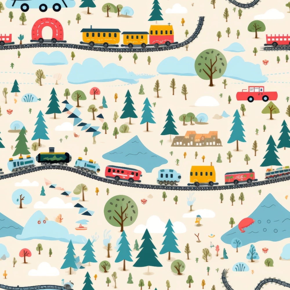 cartoon trains, quilting cotton, fabric panel, colorful locomotives, railroad tracks, evergreen trees, mountains, clouds, forest landscape, red trains, yellow cars, blue engines, orange coaches, whimsical illustration, children's design, transportation theme, nature scenery, playful pattern, bright colors, train cars, railway adventure
