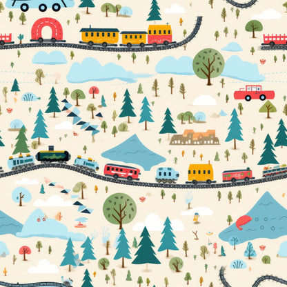 cartoon trains, quilting cotton, fabric panel, colorful locomotives, railroad tracks, evergreen trees, mountains, clouds, forest landscape, red trains, yellow cars, blue engines, orange coaches, whimsical illustration, children's design, transportation theme, nature scenery, playful pattern, bright colors, train cars, railway adventure