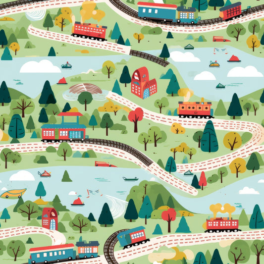 cartoon trains, railway tracks, rolling hills, green landscape, blue water, red buildings, colorful trees, whimsical illustration, quilting cotton, fabric panel, playful pattern, transportation theme, scenic countryside, boats on water, cheerful colors, children's design, bright red, teal blue, yellow orange, seamless repeat
