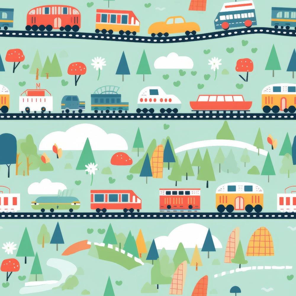 Cartoon Trains Pattern 27 Quilting Cotton Fabric, colorful trains, cars, buses, teal background, green trees, red and orange accents, white clouds, whimsical transport, playful design, cotton textile, quilting material, fun pattern, nature elements, scenic layout, soft fabric, kids theme