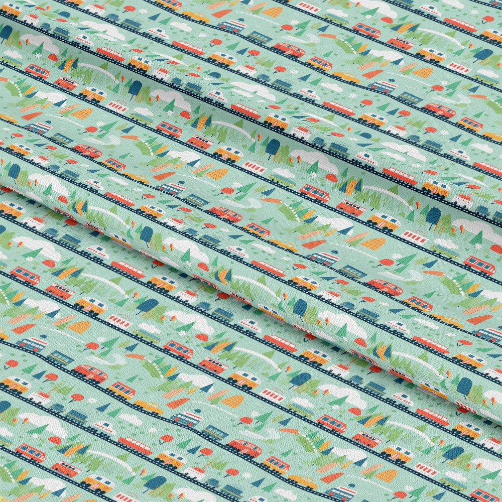 - Cartoon Trains Pattern 27 Quilting Cotton Fabric  
- Quilting cotton fabric  
- Light green background  
- Orange, blue, red trains  
- Trees, mountains, bridges illustrations  
- Striped layout  
- Playful, colorful, children’s theme  
- Soft texture, durable material  
- Creative, crafting, sewing fabric  
- Cotton textile, hobby fabric
