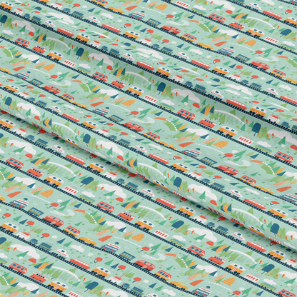 - Cartoon Trains Pattern 27 Quilting Cotton Fabric  
- Quilting cotton fabric  
- Light green background  
- Orange, blue, red trains  
- Trees, mountains, bridges illustrations  
- Striped layout  
- Playful, colorful, children’s theme  
- Soft texture, durable material  
- Creative, crafting, sewing fabric  
- Cotton textile, hobby fabric