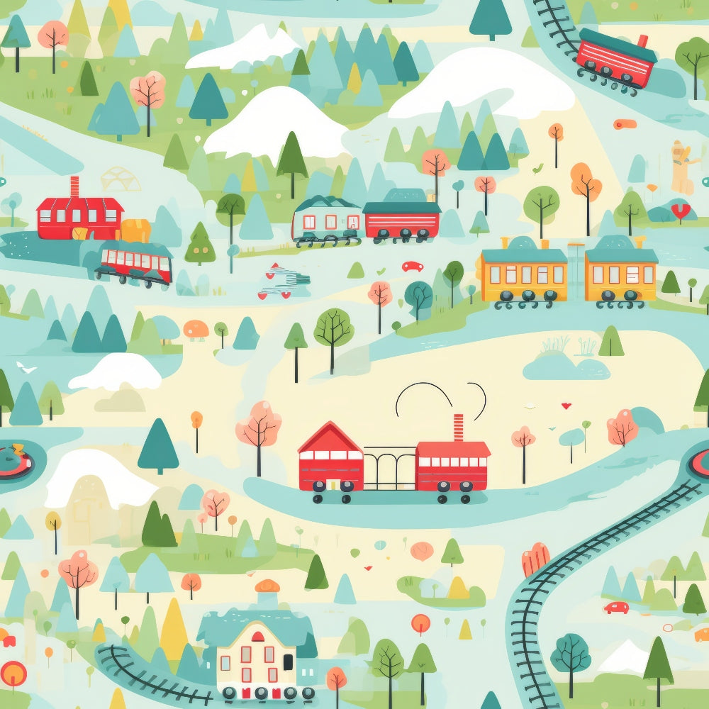 cartoon trains, quilting cotton, fabric panel, pastel colors, mint green, coral pink, yellow, white, mountains, trees, railroad tracks, whimsical illustration, children's theme, transportation motif, scenic landscape, playful design, nursery fabric, soft palette, train stations, rolling hills