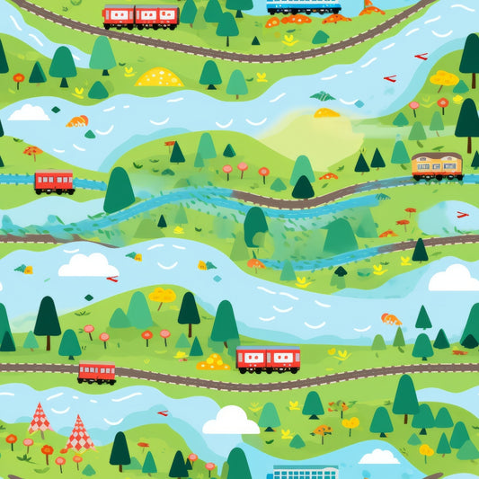 bright green, light blue, red trains, cartoon style, rolling hills, winding rivers, evergreen trees, railroad tracks, playful design, whimsical illustration, nature scene, transportation theme, quilting cotton, fabric panel, cheerful colors, landscape pattern, toy trains, children's fabric, colorful mushrooms, scenic countryside