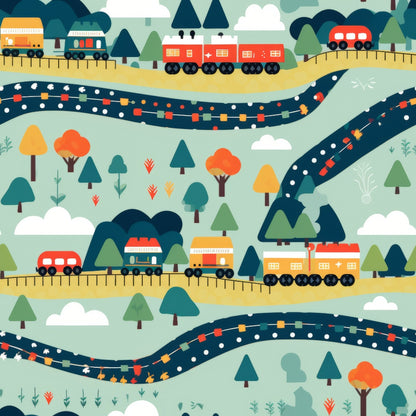 cartoon trains, quilting cotton, fabric panel, red trains, orange trains, green trees, blue tracks, colorful dots, railway scene, landscape pattern, white clouds, mountain backdrop, whimsical illustration, children's fabric, transportation theme, playful design, bright colors, scenic route, train cars, nature elements