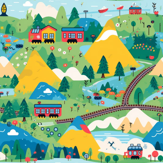 cartoon trains, quilting cotton, fabric panel, colorful landscape, red trains, blue trains, yellow mountains, green hills, pine trees, railway tracks, whimsical illustration, children's design, bright colors, playful pattern, scenic countryside, rolling hills, cheerful mood, transportation theme, kid-friendly, vibrant colors