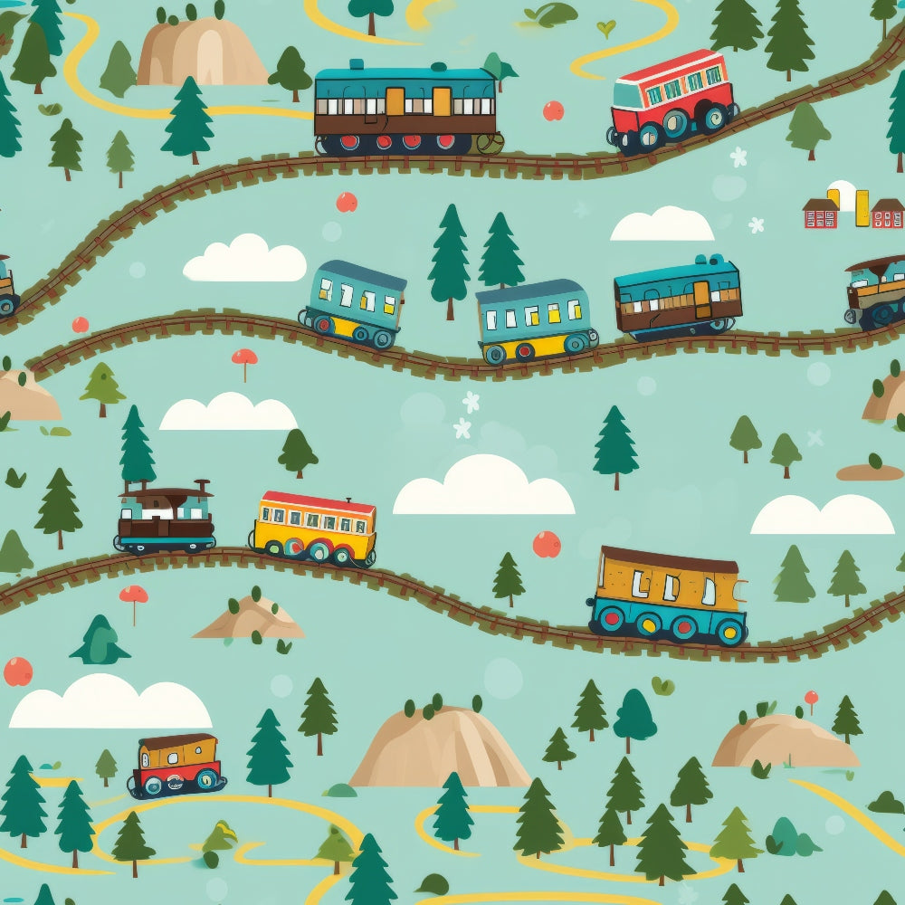 cartoon trains, quilting cotton, fabric panel, turquoise background, colorful locomotives, railroad tracks, evergreen trees, white clouds, brown mountains, yellow paths, red trains, blue trains, orange trains, whimsical illustration, children's pattern, transportation theme, forest landscape, playful design, curved railway, nature scenery