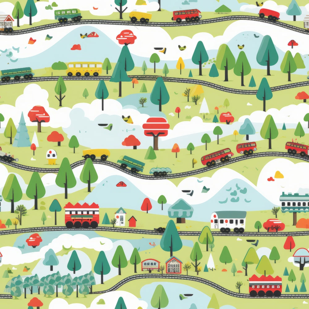 cartoon trains, railway tracks, green trees, red mushrooms, rolling hills, whimsical landscape, bright colors, quilting cotton, fabric panel, children's design, playful pattern, scenic countryside, curved rails, colorful cars, nature scene, cheerful illustration, kid-friendly, transportation theme, pastoral setting, repetitive design