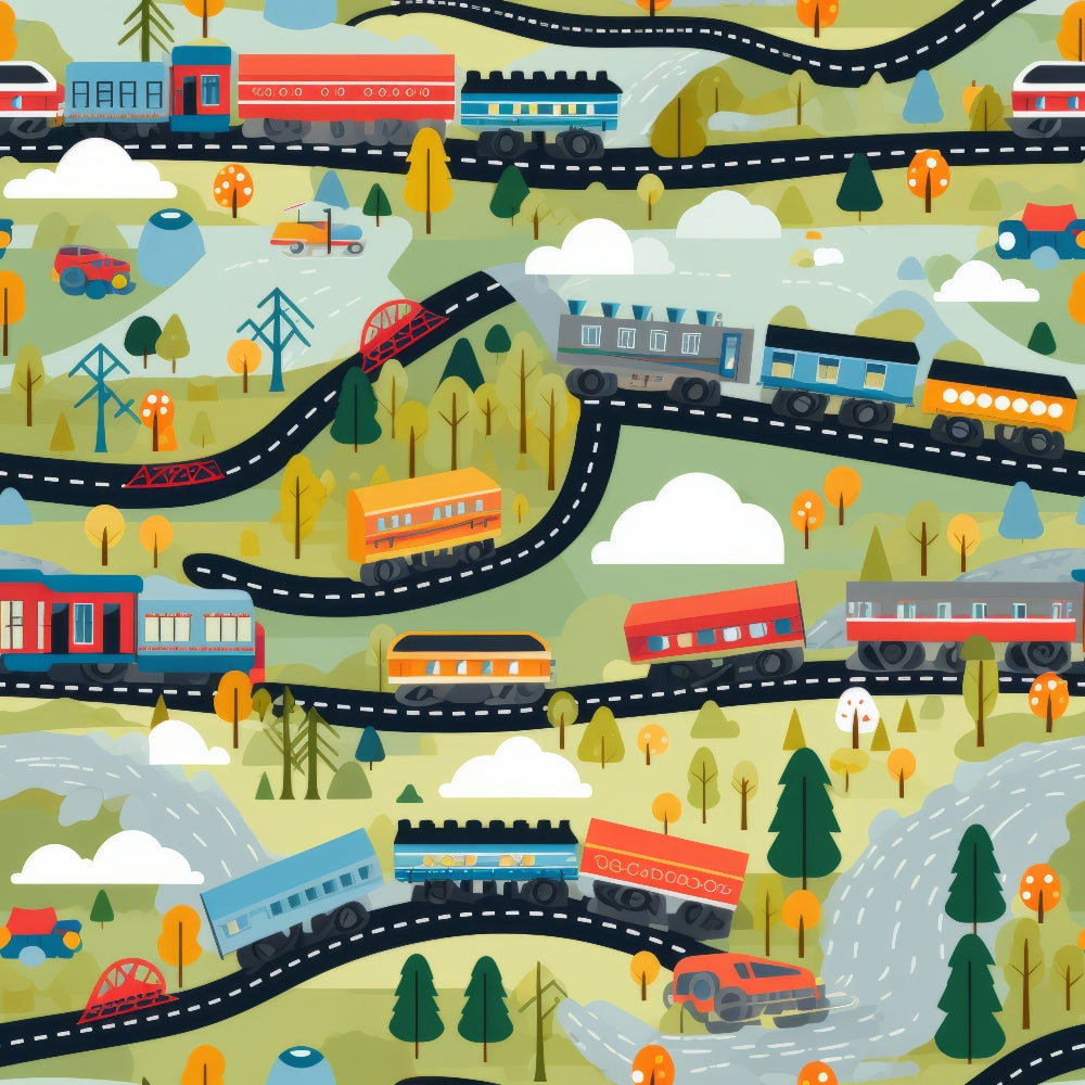cartoon trains, quilting cotton, fabric panel, colorful locomotives, winding railways, green landscape, orange trees, blue carriages, red train cars, whimsical illustration, transportation theme, rolling hills, white clouds, playful design, children's fabric, bright colors, scenic routes, railway bridges, nature elements, cheerful pattern