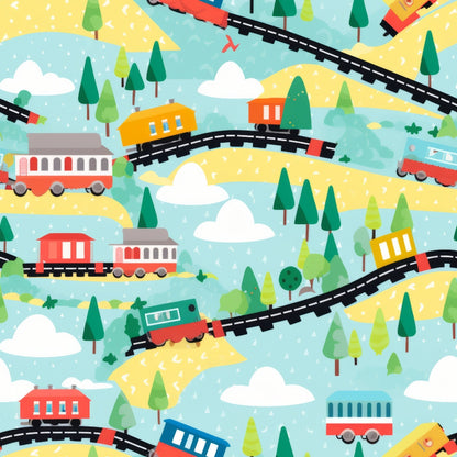 cartoon trains, quilting cotton, fabric panel, colorful trains, railway tracks, pine trees, white clouds, rolling hills, whimsical illustration, children's design, bright colors, red trains, yellow trains, orange trains, blue trains, green trees, snowy landscape, winter scene, playful pattern, transportation theme
