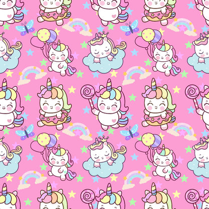 Pattern of cute unicorns, rainbows, stars, and clouds with balloons and lollipops on a pink background.