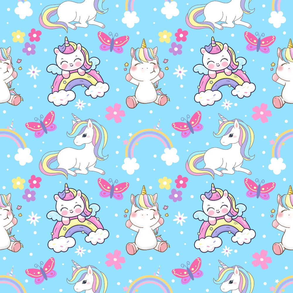 Pattern of cartoon unicorns, rainbows, butterflies, and flowers on a light blue background.