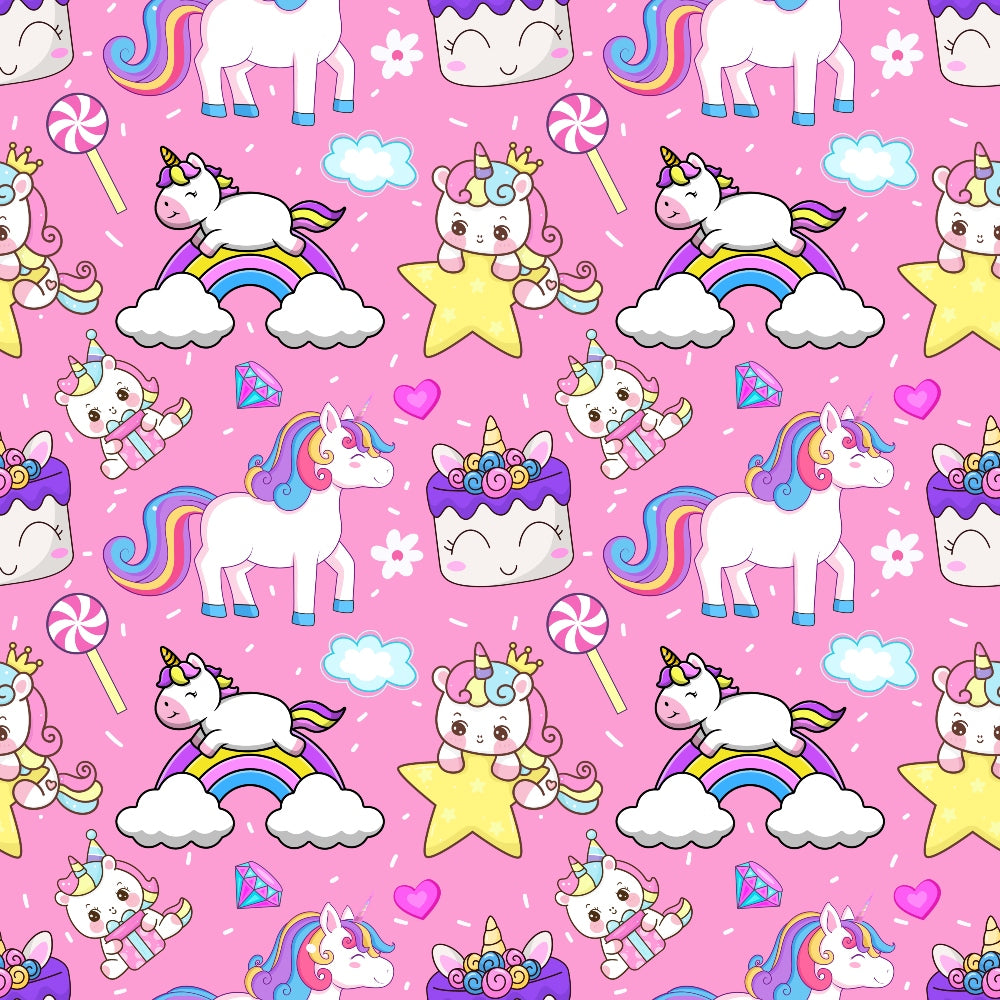 Cartoon unicorns, rainbows, cakes, and stars in a colorful, repeating pattern on a pink background.