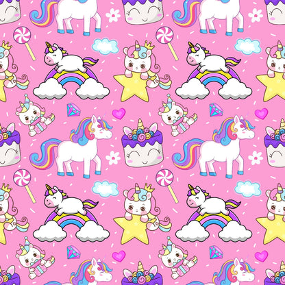 Cartoon unicorns, rainbows, cakes, and stars in a colorful, repeating pattern on a pink background.