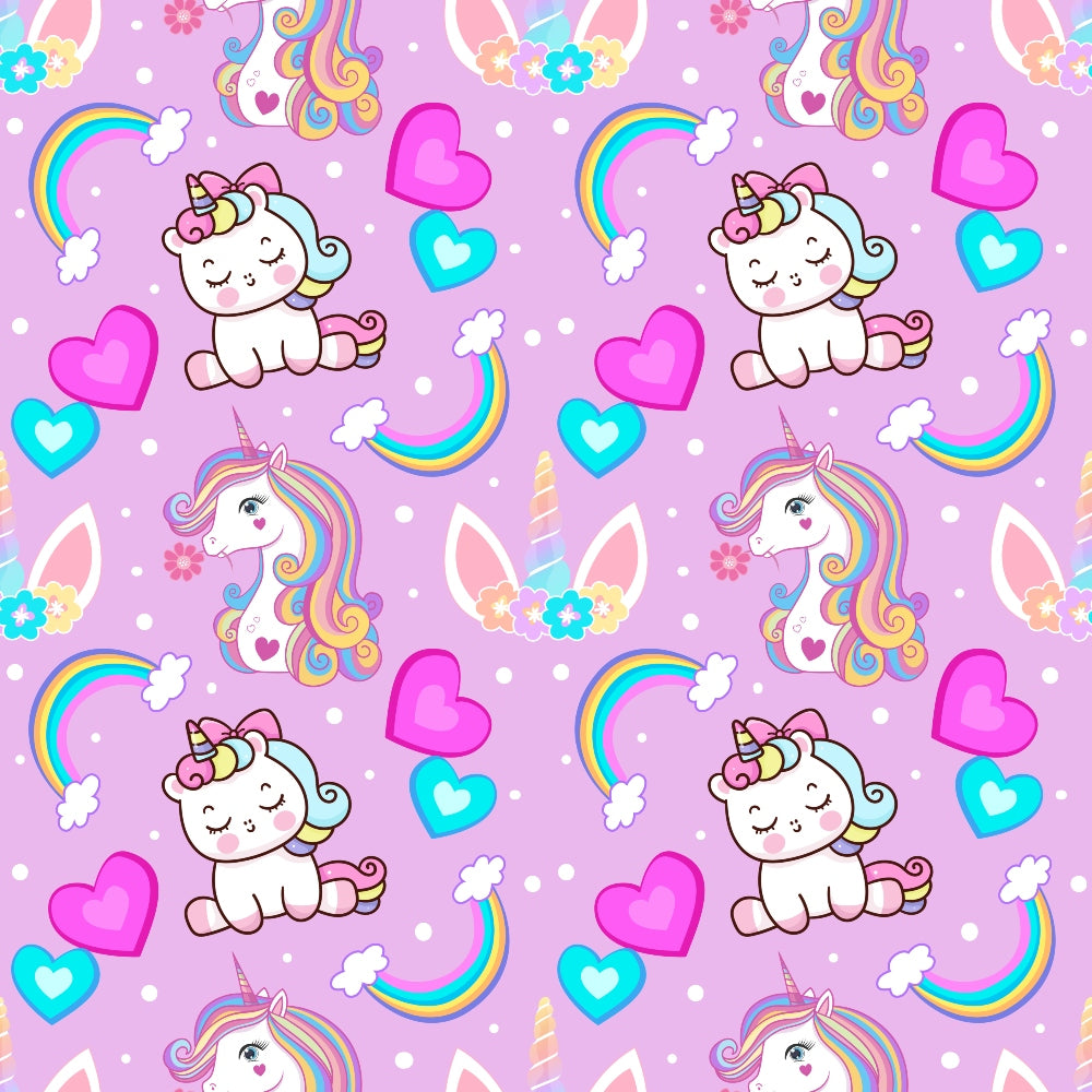 Pattern of cute unicorns, rainbows, hearts, flowers, and stars on a purple background.