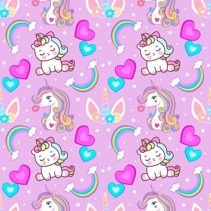 Pattern of cute unicorns, rainbows, hearts, flowers, and stars on a purple background.