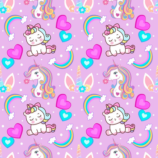 Pattern of cute unicorns, rainbows, hearts, flowers, and stars on a purple background.