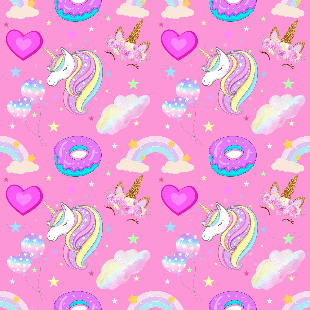 Seamless pink pattern with unicorns, donuts, rainbows, clouds, balloons, and hearts, creating a whimsical and colorful design.