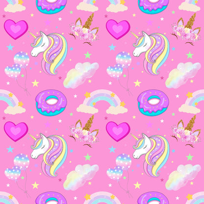 Seamless pink pattern with unicorns, donuts, rainbows, clouds, balloons, and hearts, creating a whimsical and colorful design.