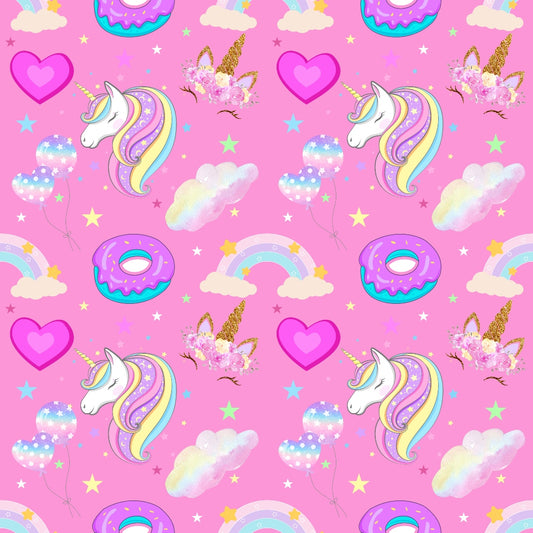 Seamless pink pattern with unicorns, donuts, rainbows, clouds, balloons, and hearts, creating a whimsical and colorful design.