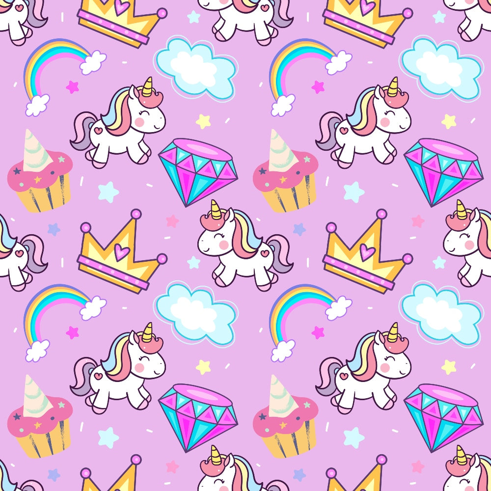 Pattern with unicorns, rainbows, crowns, cupcakes, clouds, diamonds, and stars on a purple background.