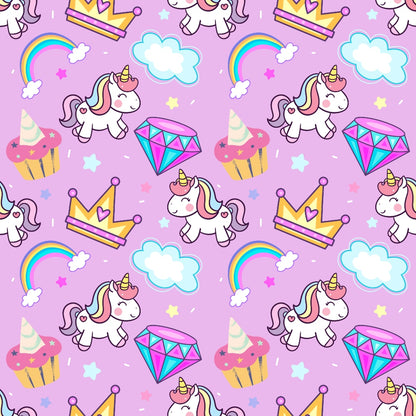 Pattern with unicorns, rainbows, crowns, cupcakes, clouds, diamonds, and stars on a purple background.