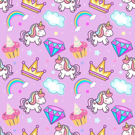 Pattern with unicorns, rainbows, crowns, cupcakes, clouds, diamonds, and stars on a purple background.