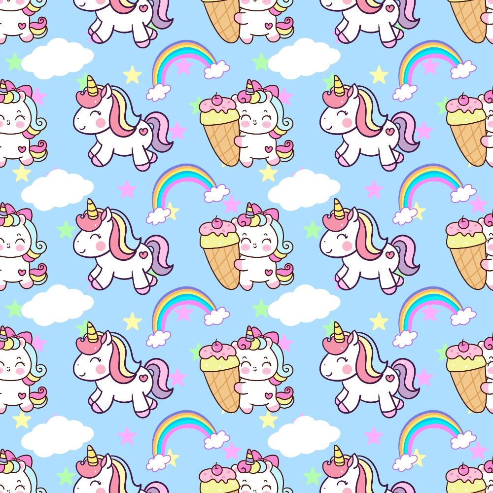 Seamless pattern featuring unicorns, ice cream cones, rainbows, clouds, stars, and hearts on a light blue background.