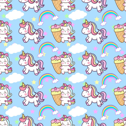 Seamless pattern featuring unicorns, ice cream cones, rainbows, clouds, stars, and hearts on a light blue background.