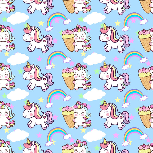 Seamless pattern featuring unicorns, ice cream cones, rainbows, clouds, stars, and hearts on a light blue background.