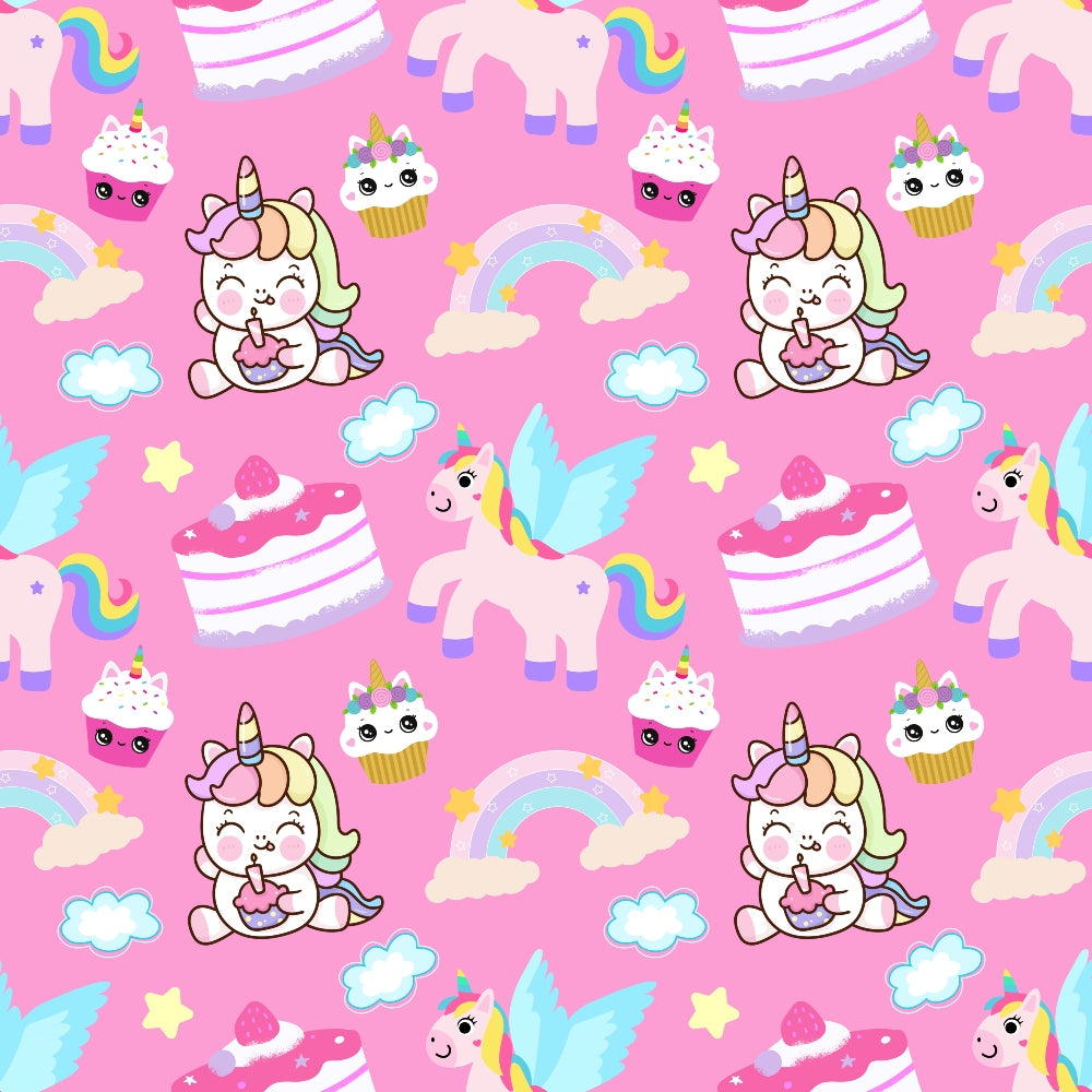 Colorful pattern with unicorns, cake slices, cupcakes, rainbows, and clouds on a pink background.