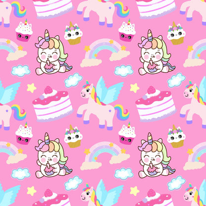 Colorful pattern with unicorns, cake slices, cupcakes, rainbows, and clouds on a pink background.