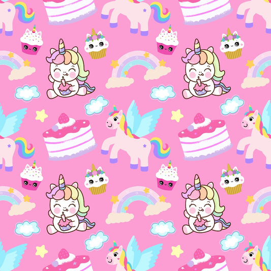 Colorful pattern with unicorns, cake slices, cupcakes, rainbows, and clouds on a pink background.