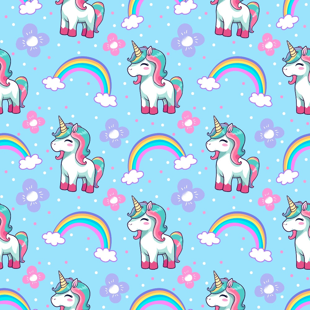 Pattern of unicorns, rainbows, clouds, and flowers on a light blue background.