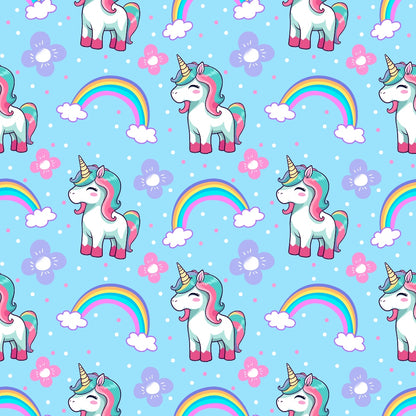 Pattern of unicorns, rainbows, clouds, and flowers on a light blue background.