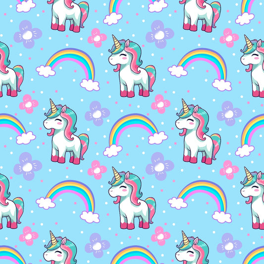 Pattern of unicorns, rainbows, clouds, and flowers on a light blue background.