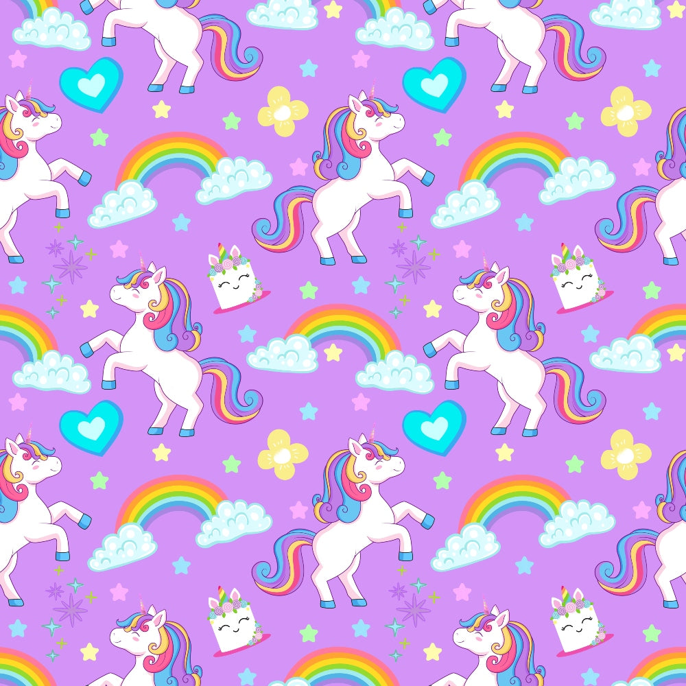 purple background, white unicorns, rainbow manes, colorful rainbows, pastel clouds, heart shapes, star patterns, kawaii style, cute characters, whimsical design, fantasy theme, children's fabric, quilting cotton, repeating pattern, magical creatures, bright colors, playful mood, nursery decor, cartoon illustration, fabric panel