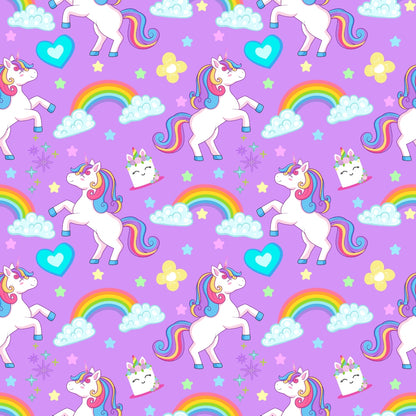 Pattern of unicorns, rainbows, clouds, hearts, and stars on a purple background.