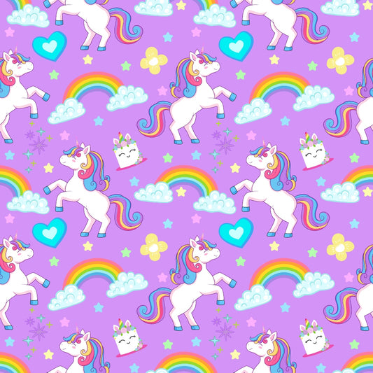 Pattern of unicorns, rainbows, clouds, hearts, and stars on a purple background.