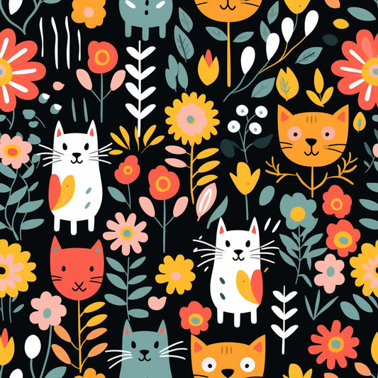 Catnip Bloom Whimsical Tabby Cat Pattern 1 Quilting Cotton Fabric
