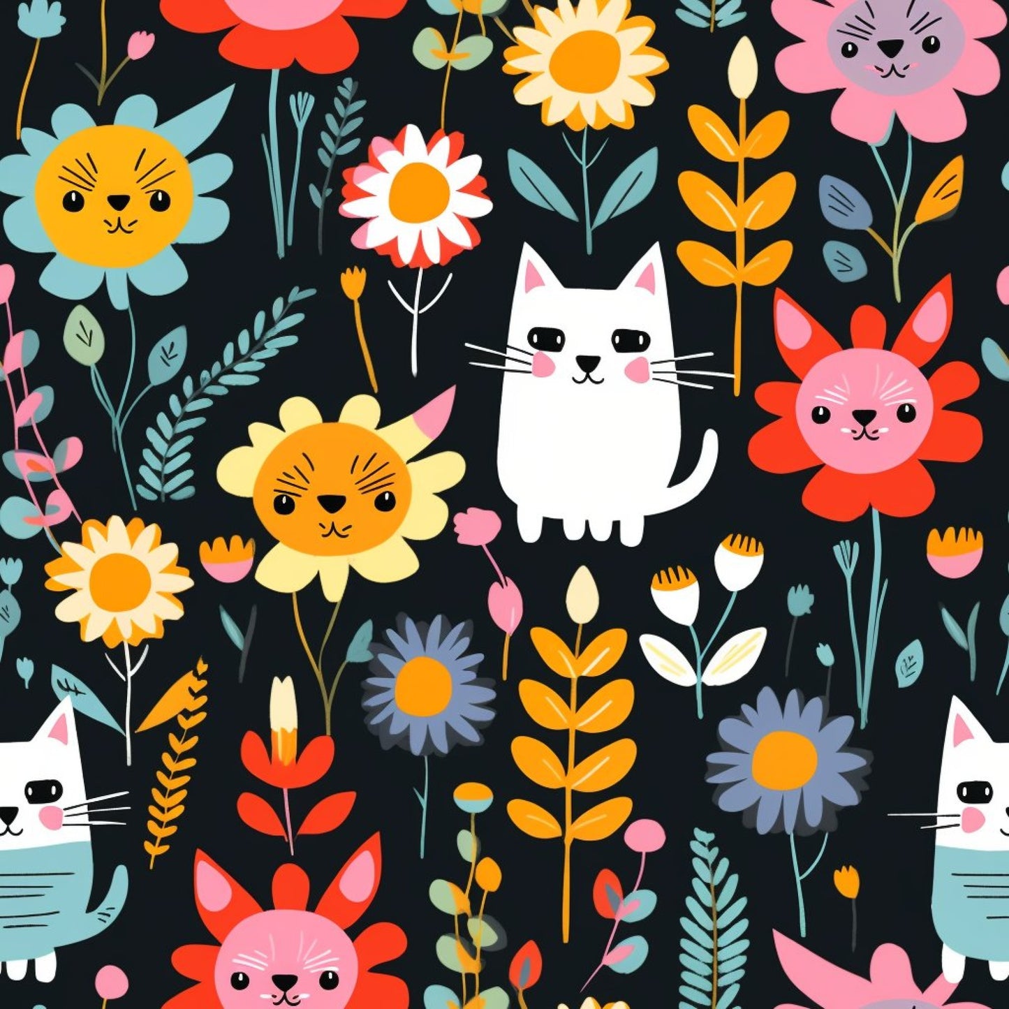 Catnip Bloom Whimsical Tabby Cat Pattern 15 Quilting Cotton Fabric