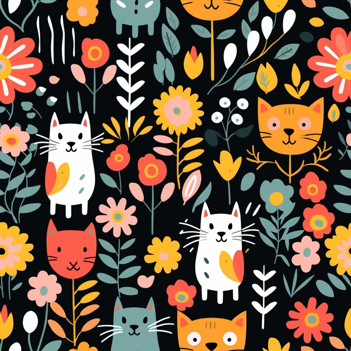Catnip Bloom Whimsical Tabby Cat Pattern 1 Quilting Cotton Fabric