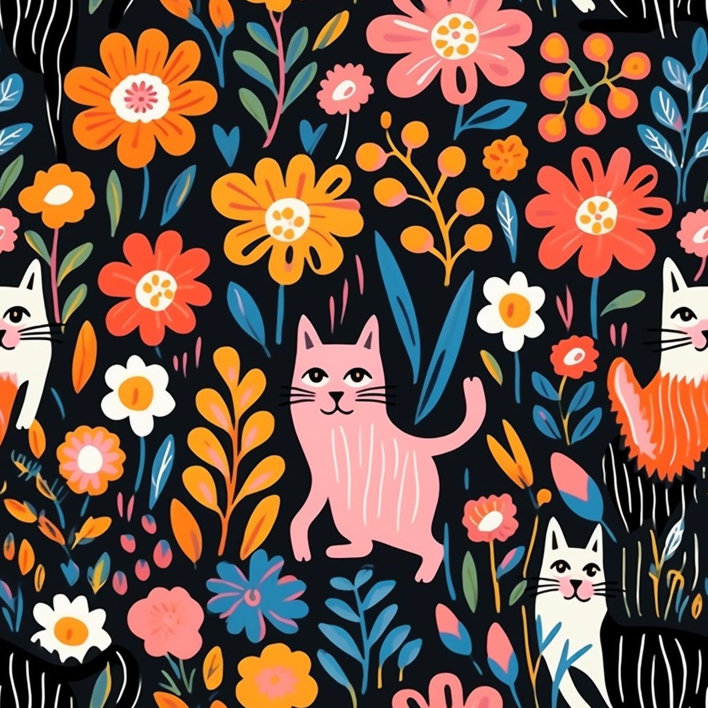 Catnip Bloom Whimsical Tabby Cat Pattern 2 Quilting Cotton Fabric