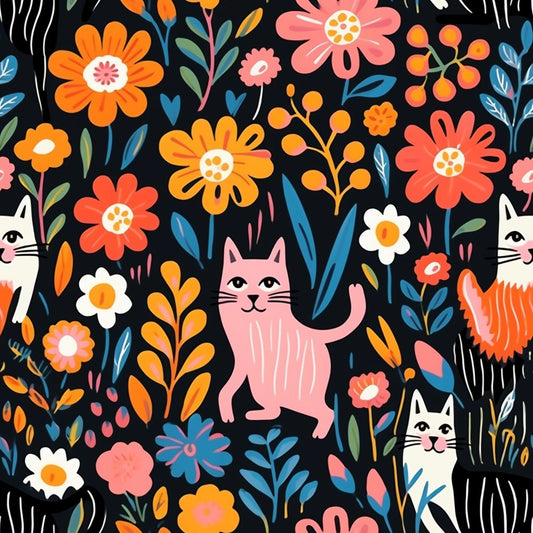 Catnip Bloom Whimsical Tabby Cat Pattern 2 Quilting Cotton Fabric