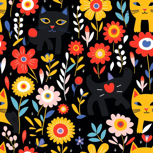 Catnip Bloom Whimsical Tabby Cat Pattern 4 Quilting Cotton Fabric