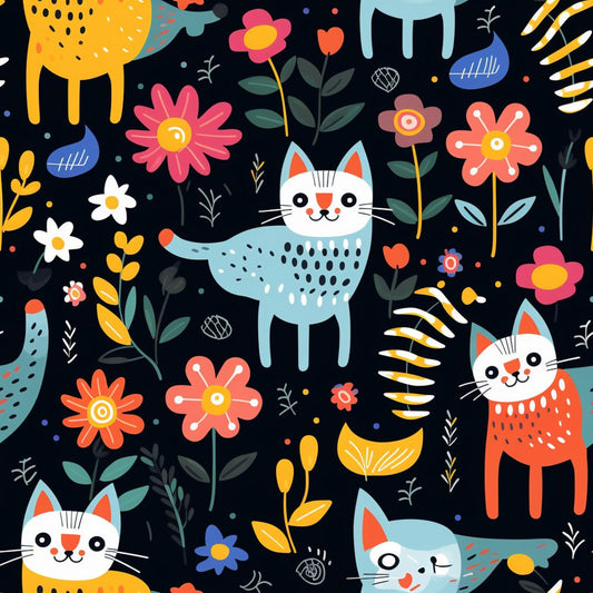 Catnip Bloom Whimsical Tabby Cat Pattern 5 Quilting Cotton Fabric